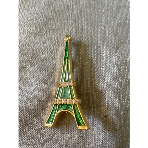 Unisex Eiffel Tower Brooch Green enamel & Gold w/rhinestones - Picture 1 of 4